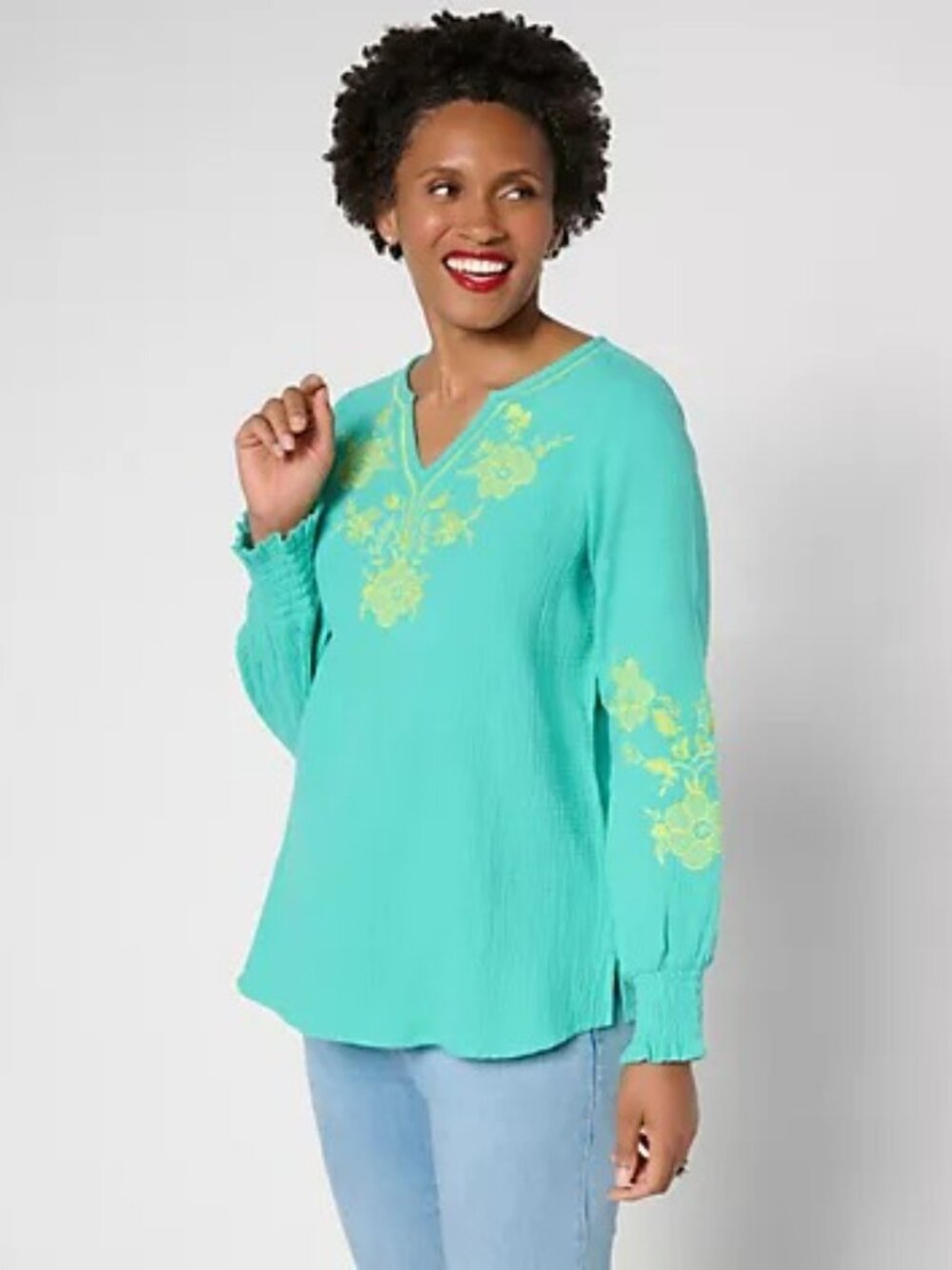 Belle Beach by Kim Gravel Teal Cotton Gauze Embroidered Peasant Top Size Large